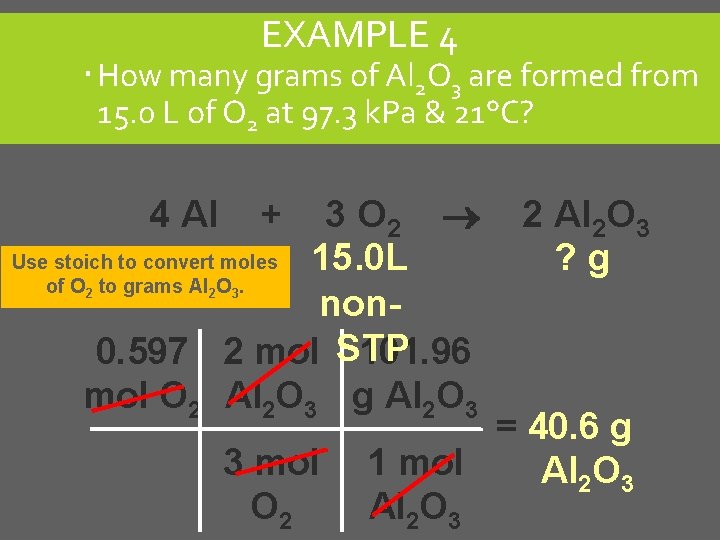 EXAMPLE 4 How many grams of Al 2 O 3 are formed from 15.