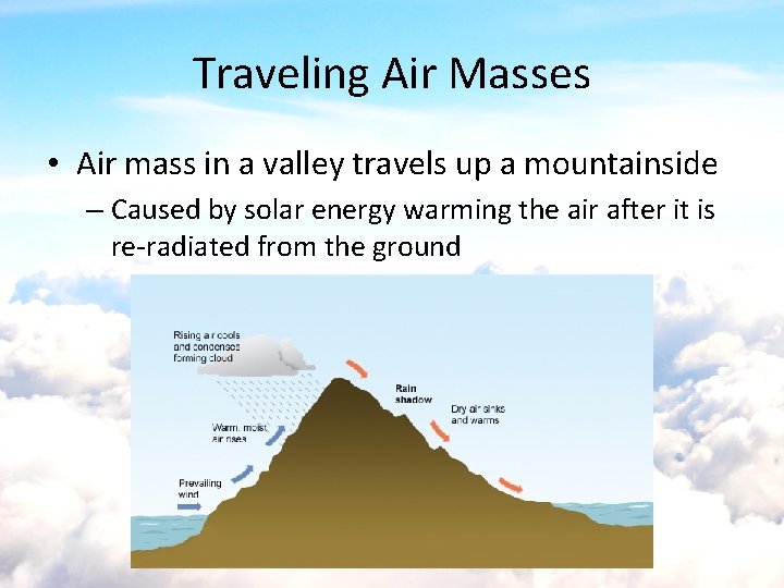 Traveling Air Masses • Air mass in a valley travels up a mountainside –