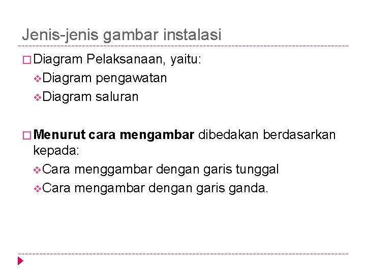 Jenis-jenis gambar instalasi � Diagram Pelaksanaan, yaitu: v. Diagram pengawatan v. Diagram saluran �