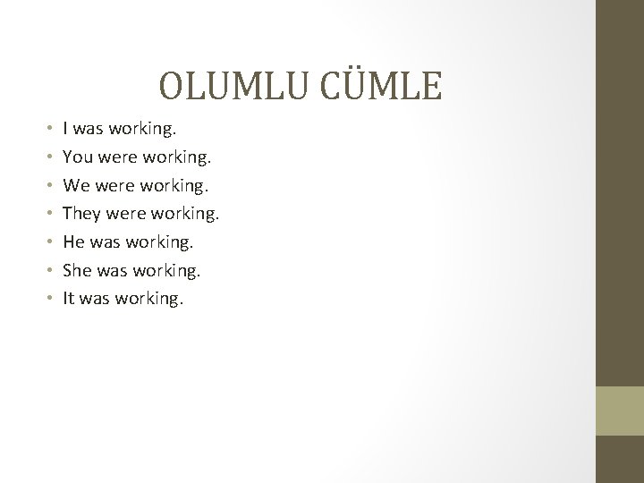 OLUMLU CÜMLE • • I was working. You were working. We were working. They