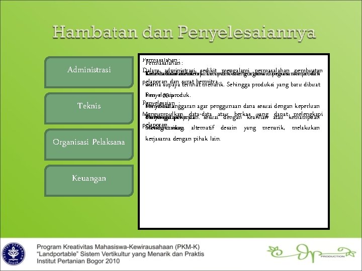 Administrasi Teknis Organisasi Pelaksana Keuangan Permasalahan: : Dalam administrasi sedikituntuk mengalami permasalahan pembuatan Keterbatasan