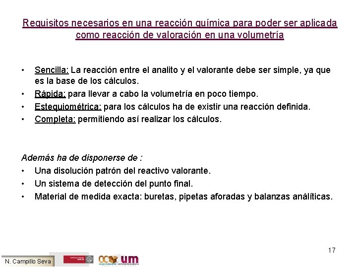 Requisitos necesarios en una reacción química para poder ser aplicada como reacción de valoración