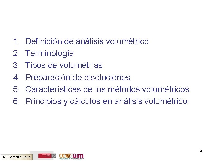 1. 2. 3. 4. 5. 6. Definición de análisis volumétrico Terminología Tipos de volumetrías