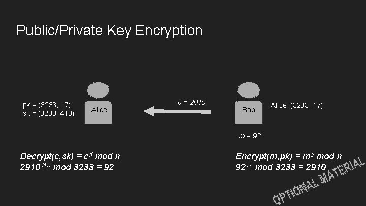 Public/Private Key Encryption pk = (3233, 17) sk = (3233, 413) Alice c = Public/Private Key Encryption pk = (3233, 17) sk = (3233, 413) Alice c =