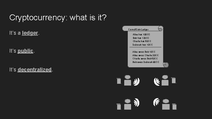 Cryptocurrency: what is it? It’s a ledger. It’s public. It’s decentralized. Cornell. Coin Ledger Cryptocurrency: what is it? It’s a ledger. It’s public. It’s decentralized. Cornell. Coin Ledger