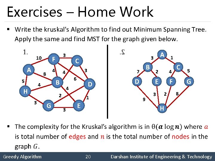 Exercises – Home Work § Write the kruskal’s Algorithm to find out Minimum Spanning
