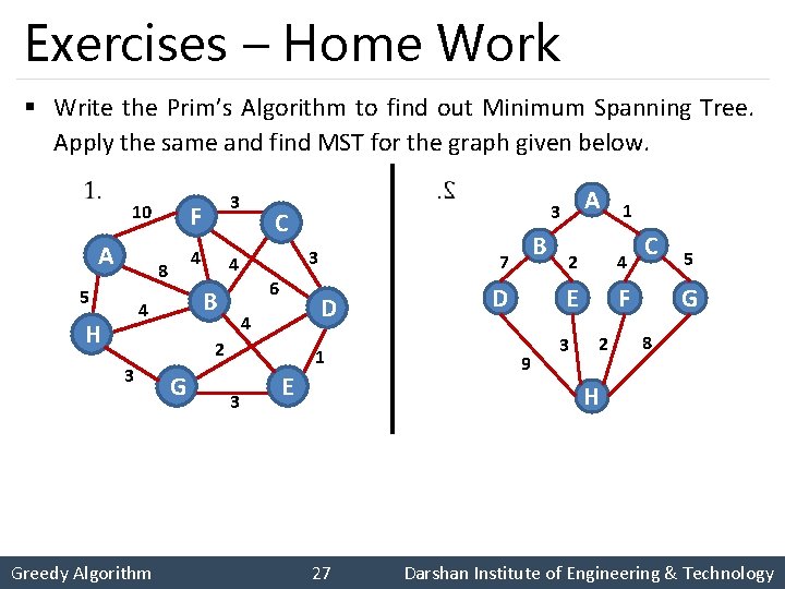 Exercises – Home Work § Write the Prim’s Algorithm to find out Minimum Spanning