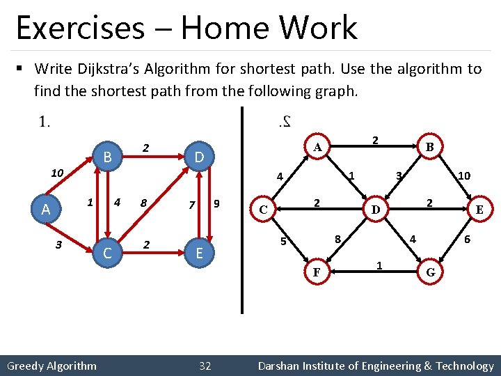 Exercises – Home Work § Write Dijkstra’s Algorithm for shortest path. Use the algorithm