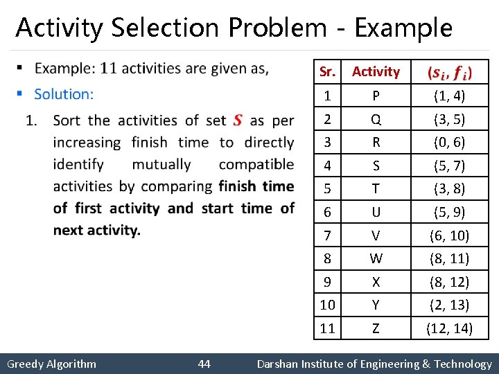 Activity Selection Problem - Example § Greedy Algorithm 44 Sr. Activity 1 P (1,