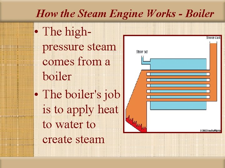 How the Steam Engine Works - Boiler • The highpressure steam comes from a