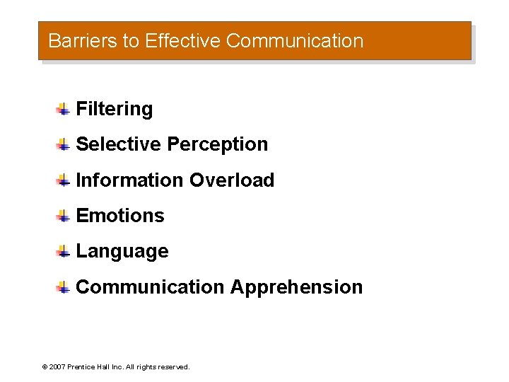 Barriers to Effective Communication Filtering Selective Perception Information Overload Emotions Language Communication Apprehension ©