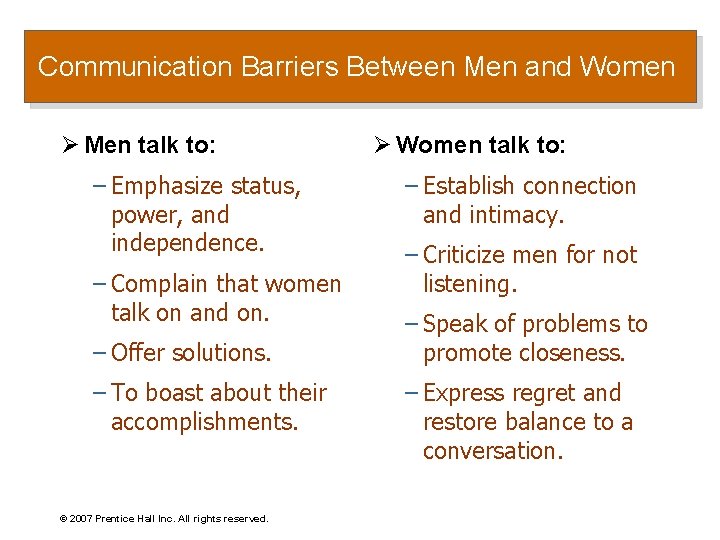 Communication Barriers Between Men and Women Ø Men talk to: – Emphasize status, power,