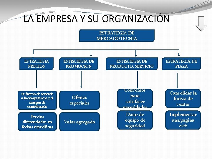 LA EMPRESA Y SU ORGANIZACIÓN ESTRATEGIA DE MERCADOTECNIA ESTRATEGIA PRECIOS Se fijaran de acuerdo