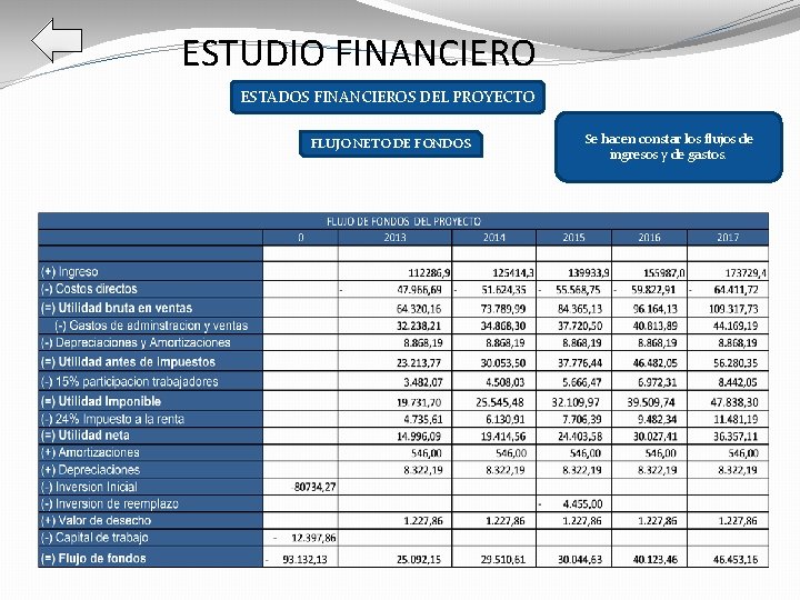 ESTUDIO FINANCIERO ESTADOS FINANCIEROS DEL PROYECTO FLUJO NETO DE FONDOS Se hacen constar los