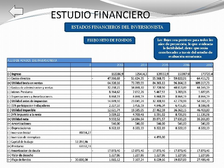 ESTUDIO FINANCIERO ESTADOS FINANCIEROS DEL INVERSIONISTA FLUJO NETO DE FONDOS Los flujos son positivos