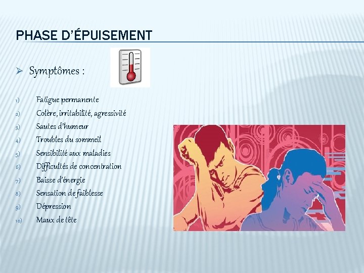 PHASE D’ÉPUISEMENT Ø 1) 2) 3) 4) 5) 6) 7) 8) 9) 10) Symptômes