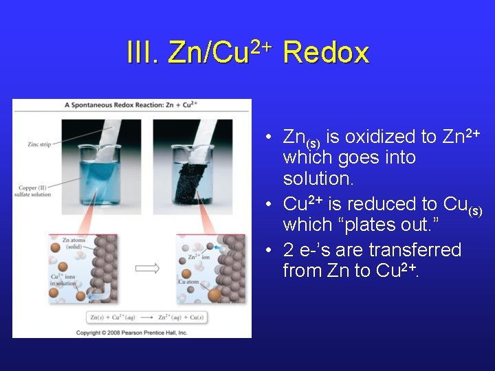 III. Zn/Cu 2+ Redox • Zn(s) is oxidized to Zn 2+ which goes into