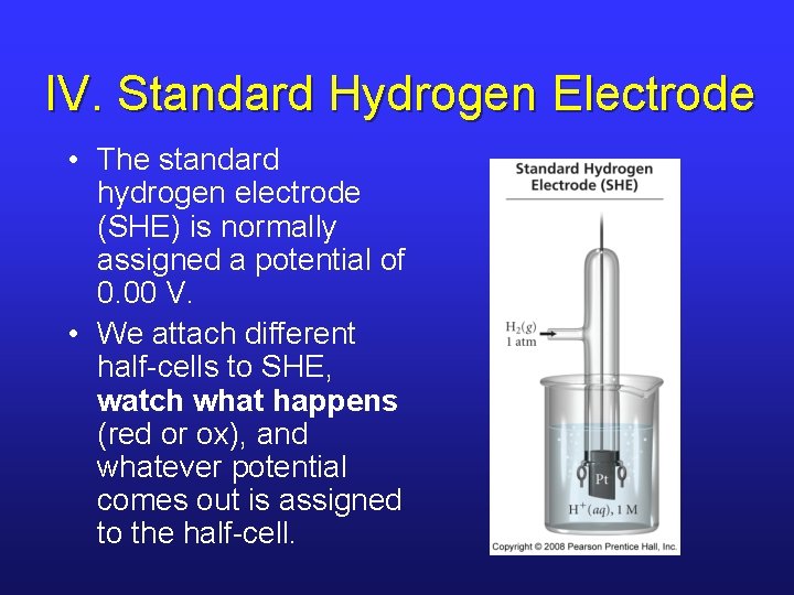IV. Standard Hydrogen Electrode • The standard hydrogen electrode (SHE) is normally assigned a