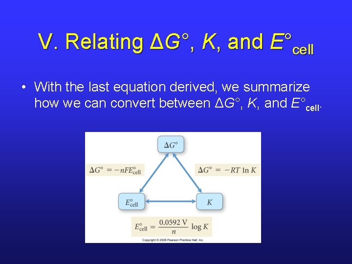 V. Relating ΔG°, K, and E°cell • With the last equation derived, we summarize