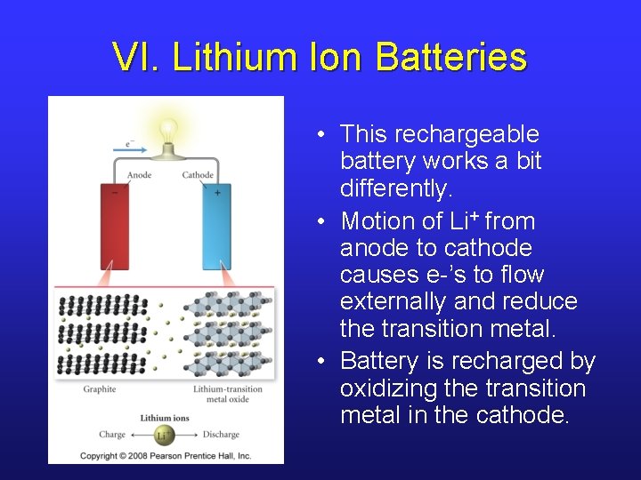 VI. Lithium Ion Batteries • This rechargeable battery works a bit differently. • Motion