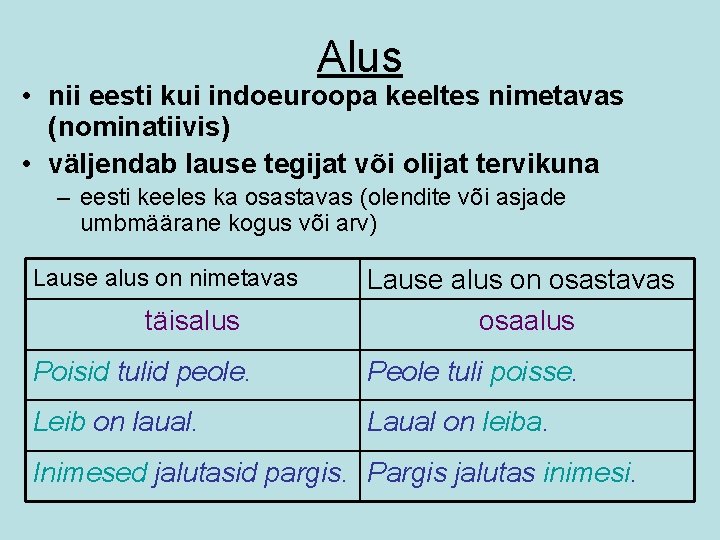 Alus • nii eesti kui indoeuroopa keeltes nimetavas (nominatiivis) • väljendab lause tegijat või