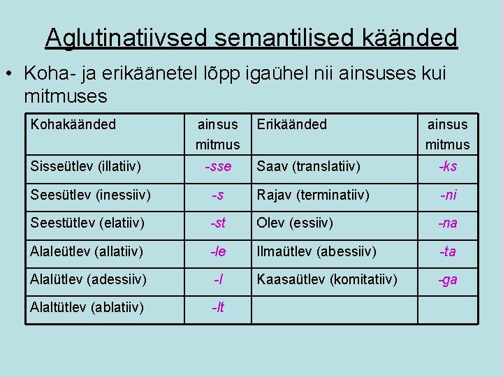 Aglutinatiivsed semantilised käänded • Koha- ja erikäänetel lõpp igaühel nii ainsuses kui mitmuses Kohakäänded