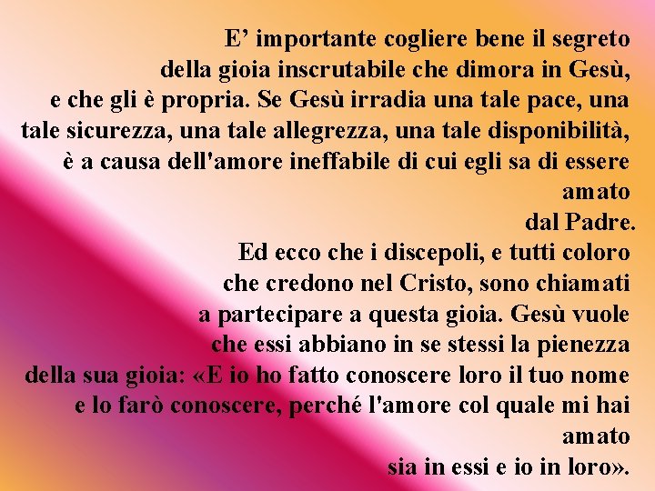 E’ importante cogliere bene il segreto della gioia inscrutabile che dimora in Gesù, e