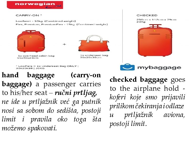 hand baggage (carry-on baggage) a passenger carries to his/her seat – ručni prtljag, ne