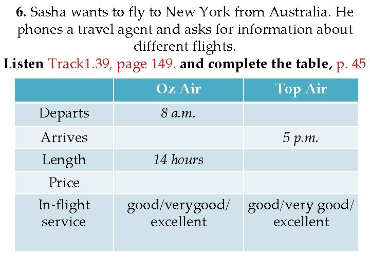 6. Sasha wants to fly to New York from Australia. He phones a travel