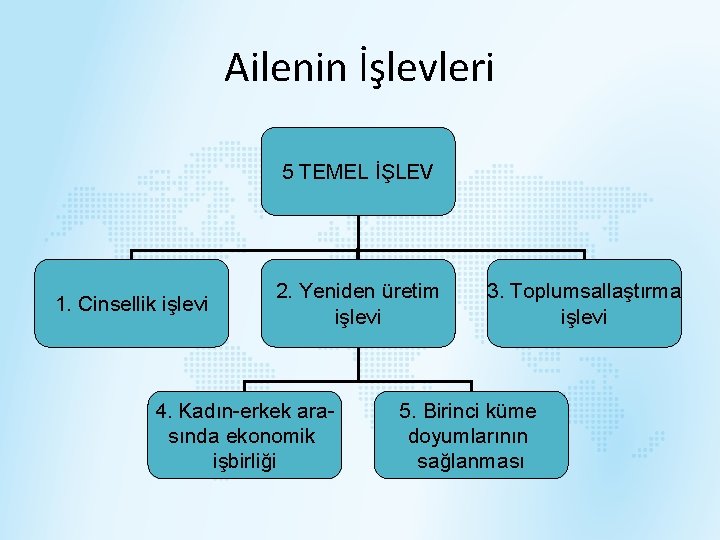 Ailenin İşlevleri 5 TEMEL İŞLEV 1. Cinsellik işlevi 2. Yeniden üretim işlevi 4. Kadın-erkek