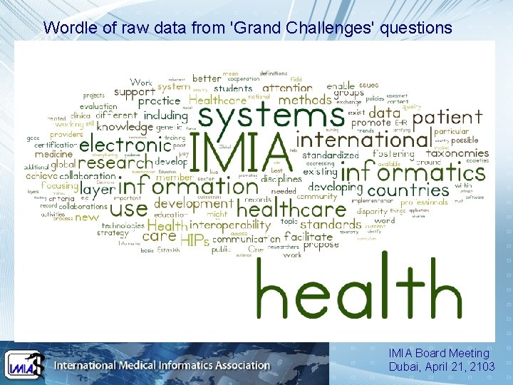 Wordle of raw data from 'Grand Challenges' questions IMIA Board Meeting Dubai, April 21,