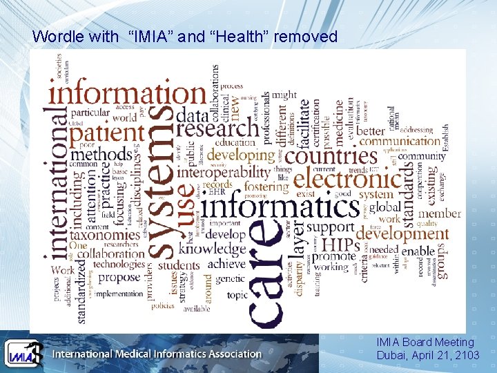 Wordle with “IMIA” and “Health” removed IMIA Board Meeting Dubai, April 21, 2103 