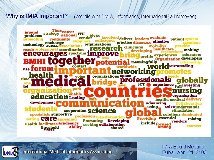 Why is IMIA important? (Wordle with “IMIA, informatics, international” all removed) IMIA Board Meeting