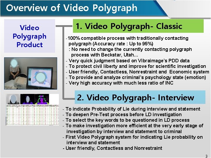 Overview of Video Polygraph Product 1. Video Polygraph- Classic -100% compatible process with traditionally