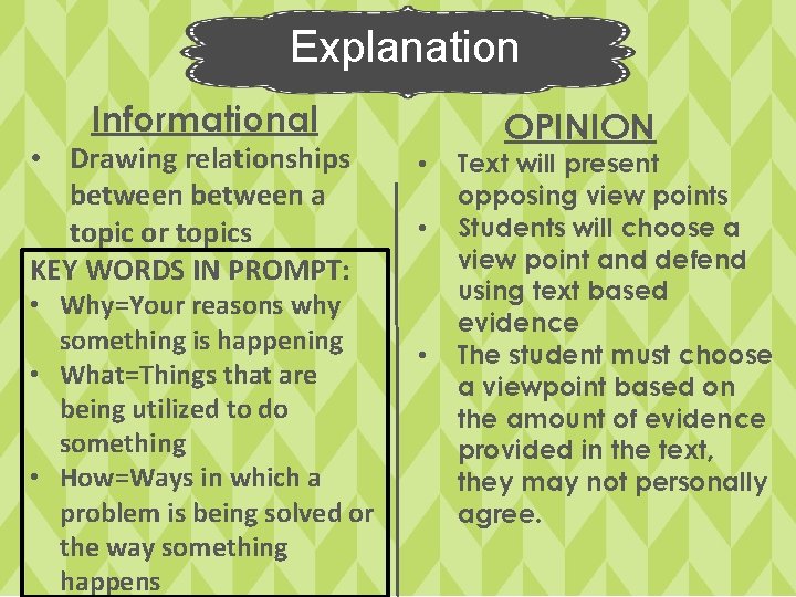 Explanation Informational • Drawing relationships between a topic or topics KEY WORDS IN PROMPT: