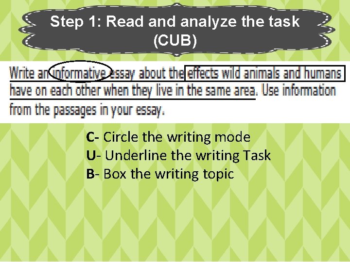 Step 1: Read analyze the task (CUB) C- Circle the writing mode U- Underline