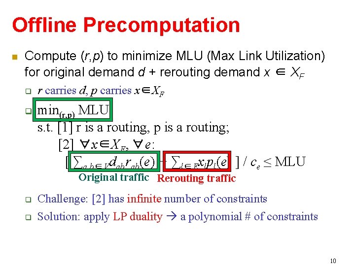 Offline Precomputation Compute (r, p) to minimize MLU (Max Link Utilization) for original demand