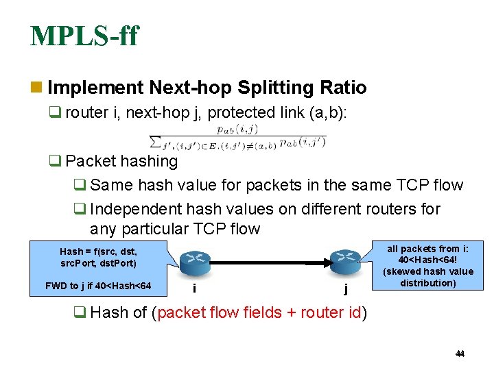 MPLS-ff Implement Next-hop Splitting Ratio router i, next-hop j, protected link (a, b): Packet