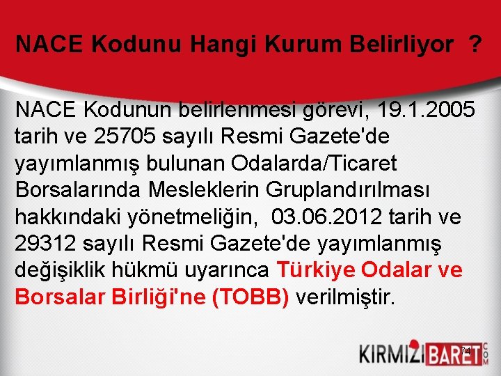 NACE Kodunu Hangi Kurum Belirliyor ? NACE Kodunun belirlenmesi görevi, 19. 1. 2005 tarih