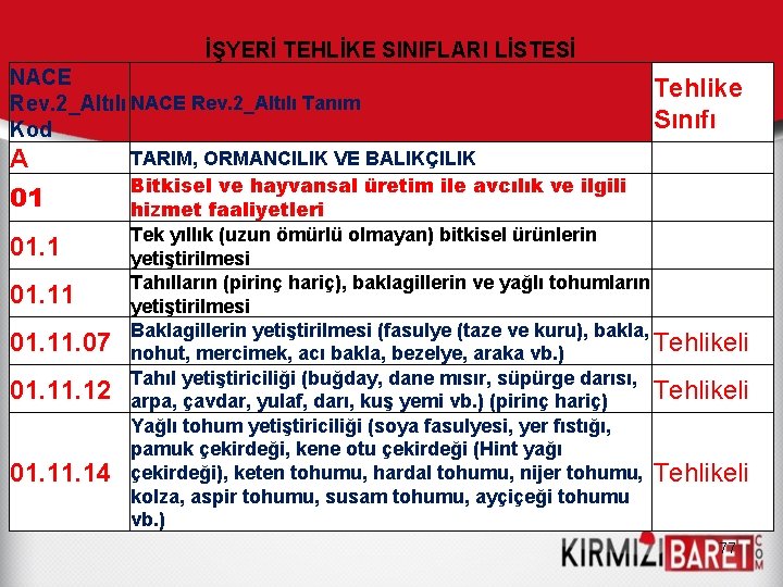 İŞYERİ TEHLİKE SINIFLARI LİSTESİ NACE Rev. 2_Altılı Tanım Kod A 01 01. 11. 07