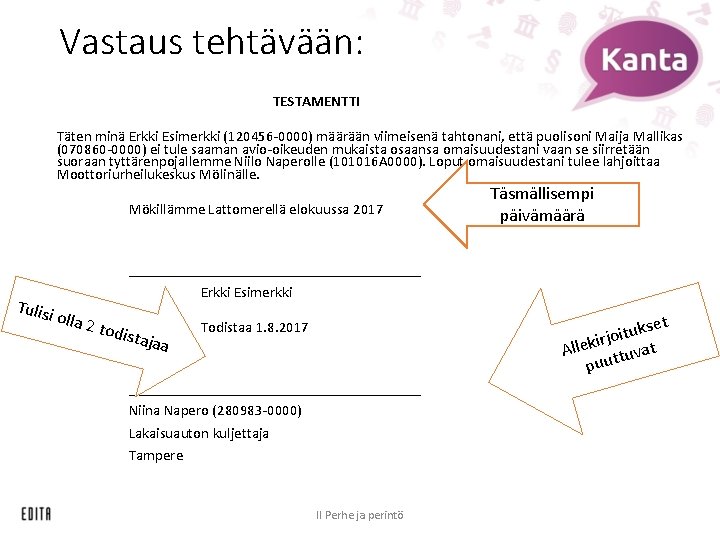 Vastaus tehtävään: TESTAMENTTI Täten minä Erkki Esimerkki (120456 -0000) määrään viimeisenä tahtonani, että puolisoni