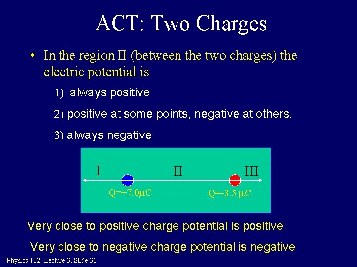 ACT: Two Charges • In the region II (between the two charges) the electric