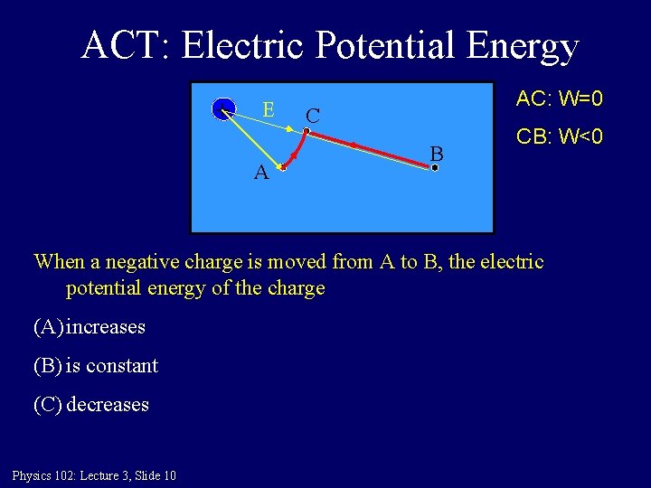 ACT: Electric Potential Energy + E A AC: W=0 C B CB: W<0 When