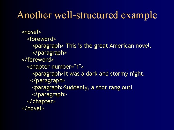 Another well-structured example <novel> <foreword> <paragraph> This is the great American novel. </paragraph> </foreword>