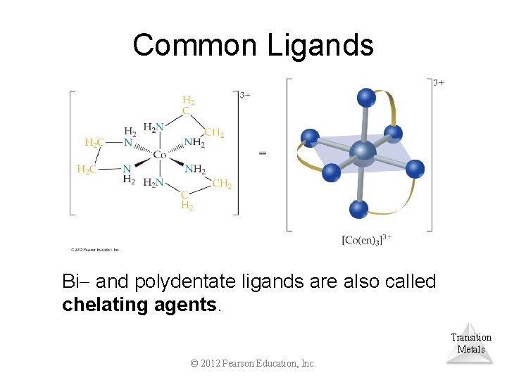 Common Ligands Bi and polydentate ligands are also called chelating agents. Transition Metals ©