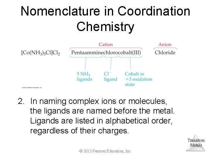 Nomenclature in Coordination Chemistry 2. In naming complex ions or molecules, the ligands are