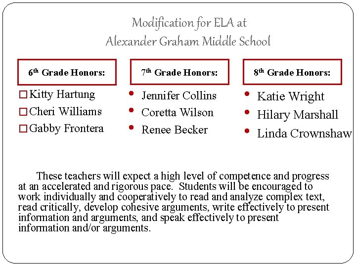 Modification for ELA at Alexander Graham Middle School 7 th Grade Honors: 6 th