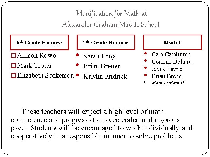 Modification for Math at Alexander Graham Middle School 6 th Grade Honors: • �