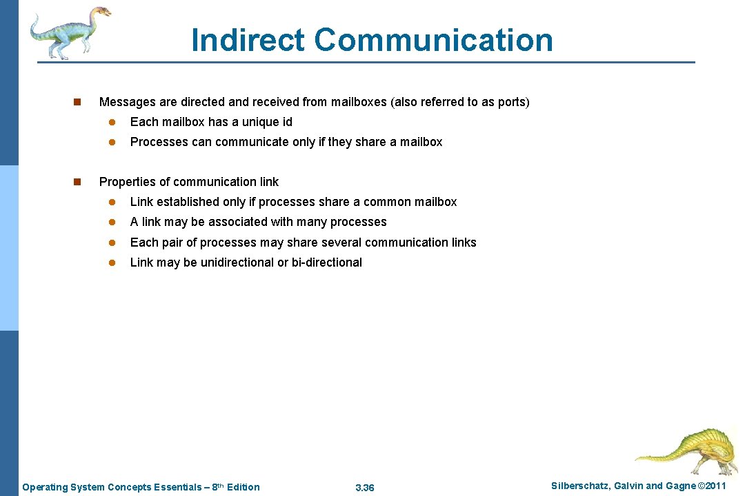 Indirect Communication n n Messages are directed and received from mailboxes (also referred to
