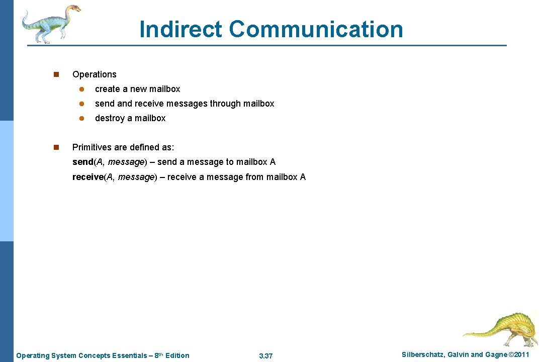 Indirect Communication n n Operations l create a new mailbox l send and receive